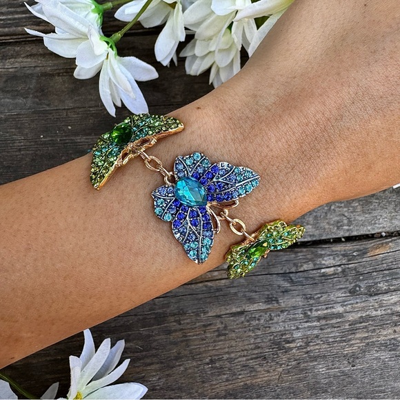 Green & Blue Sparkly Butterfly Gold Tone Rhinestone Crystal Adjustable Bracelet - Picture 6 of 12